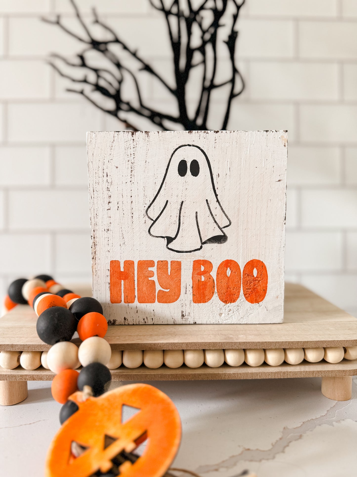 Hey Boo Ghost Wood Sign