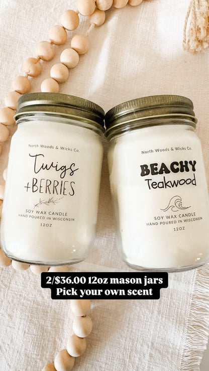 Candle Bundle 2/$36.00 12oz Mason Jar Candles- Pick Your Own Scent